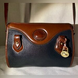 Vintage 1980 Dooney & Bourke Black & Tan All Leather Crossbody Bag Satchel Brass